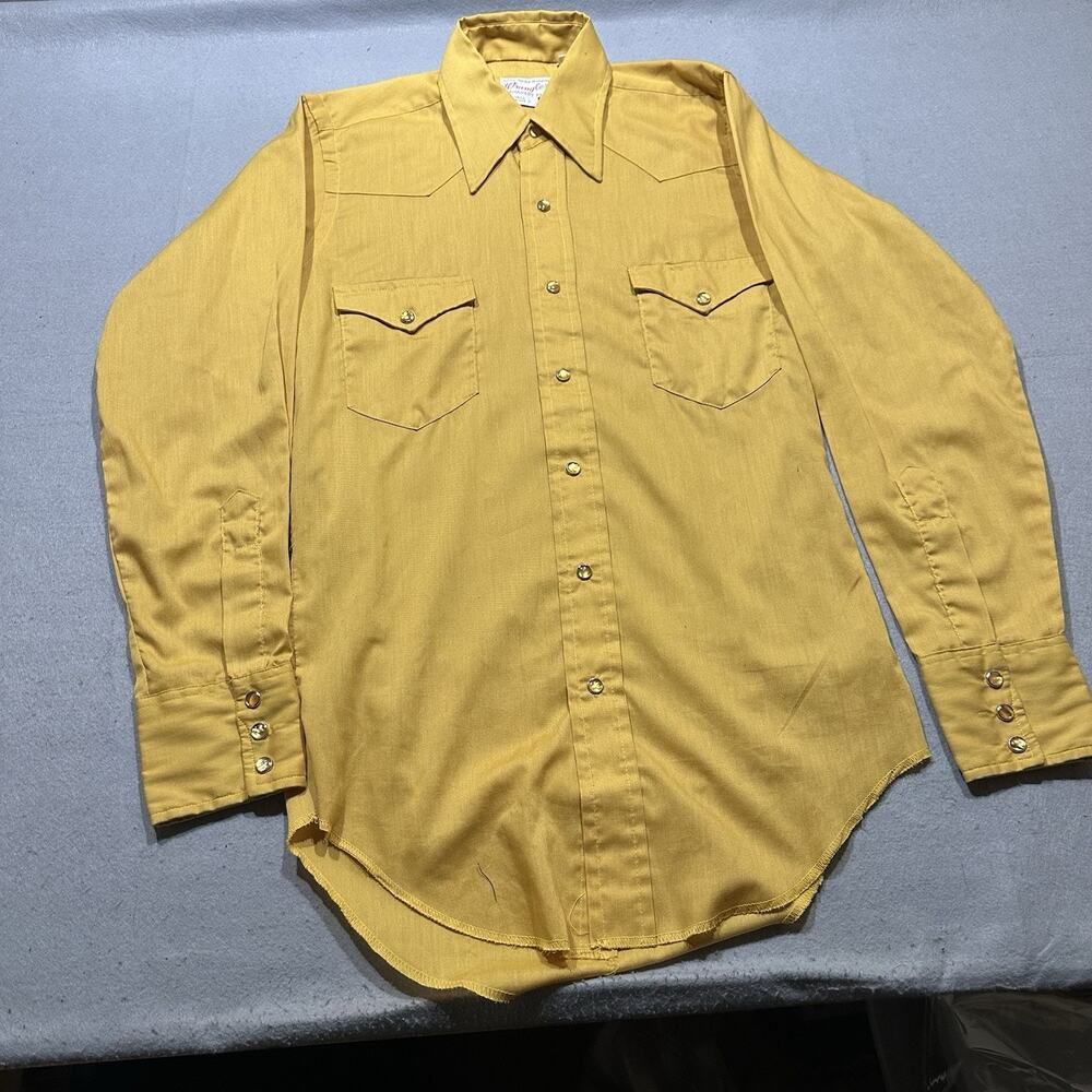 Wrangler Long Tails Vintage Shirt Men's 14.5 - 33 Mustard Pearl Snap 60's-70's